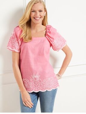 TALBOTS PINK LINEN BLEND SQUARE NECK TOP - EMBROIDERED PINEAPPLE